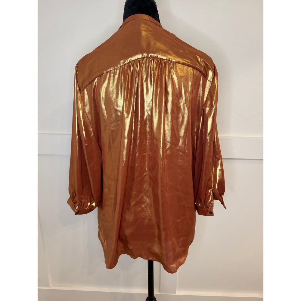 Anthropologie Metallic Bronze V-Neck Tunic Blouse 3/4 Sleeve Gold Copper Medium - Picture 3 of 9